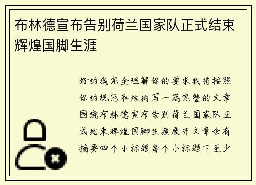 布林德宣布告别荷兰国家队正式结束辉煌国脚生涯