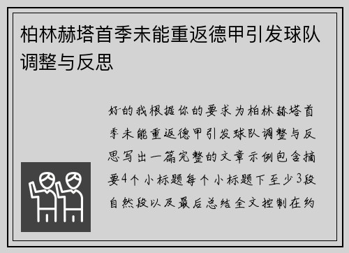 柏林赫塔首季未能重返德甲引发球队调整与反思